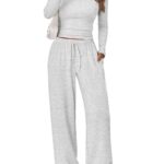 Trendy Queen Women's 2 Piece Matching Lounge Set Long Sleeve Side Ruching Top Wide Leg Drawstring Pants Set with Pockets