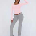 Trendy Queen Womens Long Sleeve Shirts Crop Tops Fall Fashion Solid Square Neck Going Out Basics Tees Y2k Clothes