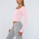 Trendy Queen Womens Long Sleeve Shirts Crop Tops Fall Fashion Solid Square Neck Going Out Basics Tees Y2k Clothes