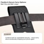ykooe Holster Compatible with iPhone Pro Max (16 15 14 13 12 11) Galaxy Plus/FE (S25 S24 S23 S22 S21), Nylon Cell Phone Belt Holder Case with Clip and Leather Card Pouch for Men, Black -L - Image 5