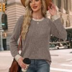 WIHOLL Long Sleeve Shirts for Women Lightweight Sweaters Fall Outfits 2025 Color Block Winter Clothing Dressy Casual Soft