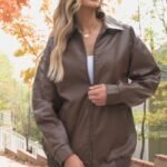AUTOMET Women's Oversized Faux Leather Jacket - Fall Motorcycle Style Coat with Zipper Closure