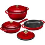 Best Choice Products Non-Stick Pot & Pan Cookware Set, Cast Iron, 2Qt Skillet W/Lid, 10" Grill Or Griddle Pan W/Press, 6Qt Enameled Dutch Oven, Non-toxic, For Cooking & Grilling - Red - Image 3