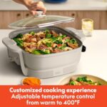 bella Make & Take Electric Skillet, Fits-anywhere™ kitchenware, EverGood™ Ceramic Coating, Adjustable Temperature & Dishwasher-Safe Tempered Glass Lid, Cast Aluminum Base, 1200 Watt, Oatmilk - Image 6