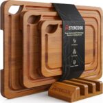 Astercook Deep-Carbonized Bamboo Cutting Boards for Kitchen with Wood Storage Stand, Reversible Charcuterie & Chopping Boards with Juice Grooves and Easy-Grip Handles, Knife-Friendly, Kitchen Gift - Image 5