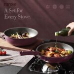 CAROTE 21pcs Pots and Pans Set, Nonstick Cookware Set Detachable Handle, Induction Kitchen Cookware Sets Non Stick with Removable Handle, RV Cookware Set, Gold and Purple - Image 6