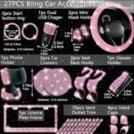 NBTEPEM 27-Piece Bling Car Accessories Set - Universal Fit Steering Wheel Covers, License Plate Frames, Phone Holder, Car Fast Charger, Coasters (Pink)