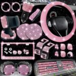 NBTEPEM 27-Piece Bling Car Accessories Set - Universal Fit Steering Wheel Covers, License Plate Frames, Phone Holder, Car Fast Charger, Coasters (Pink) - Image 6
